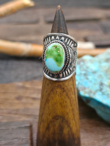 Repousse Stamped Sterling Silver Turquoise Ring by T. Jim - Size 9
