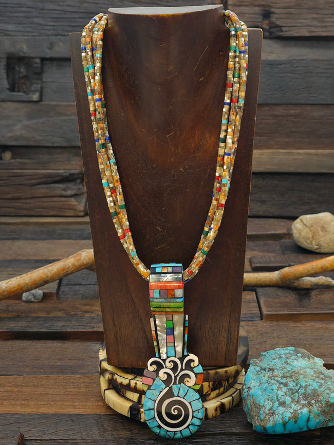 Four Strand Abalone Shell Necklace with Mosaic Inlay Swirl Pendant by Mary Tafoya - 19 1/2 in.