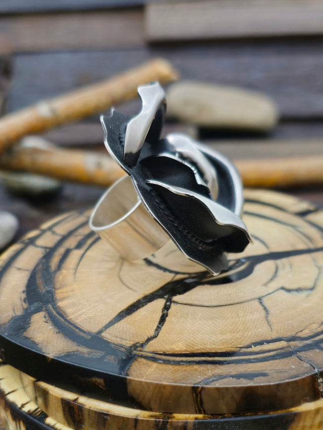 Adjustable Stamped Sterling Silver Rose Ring by Leander Tahe