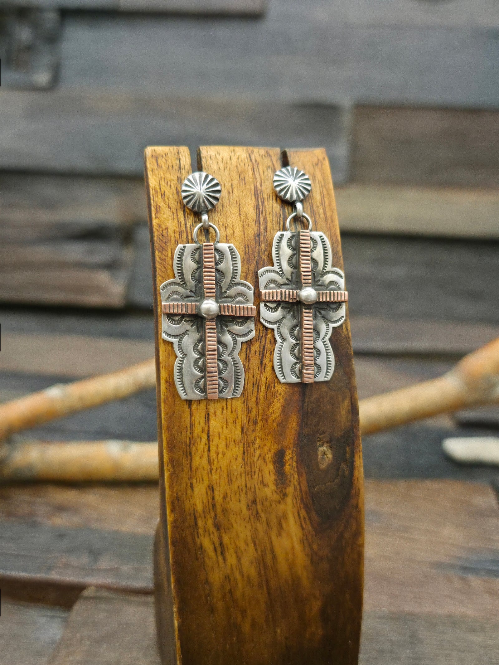 Stamped Sterling Silver with Copper Overlay Cross Post Dangle Earrings by Dean Sandoval - 2 in. by 7/8 in.