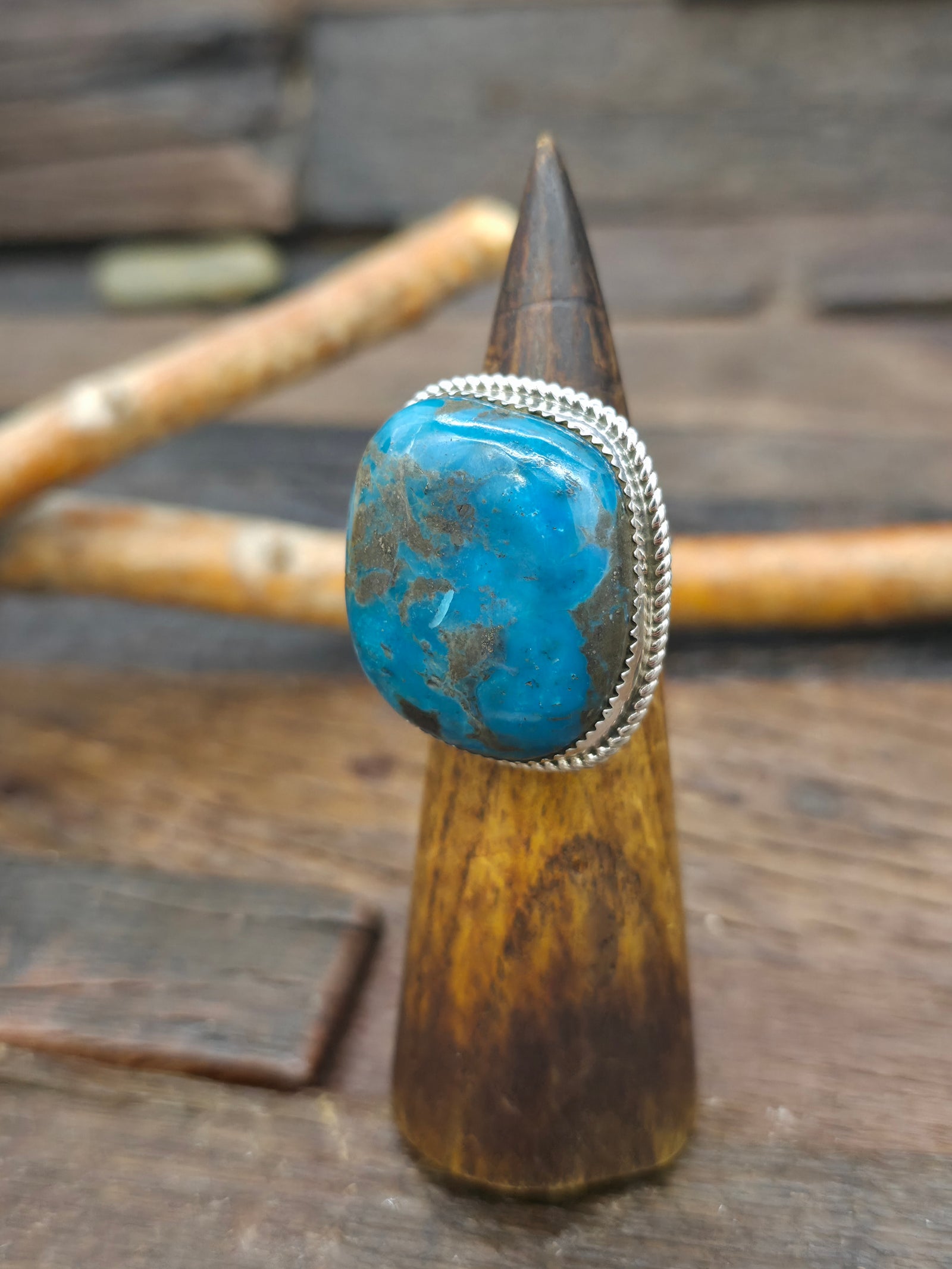 High Shine Sterling Silver Turquoise Statement Ring by Ray Nez - Adjustable