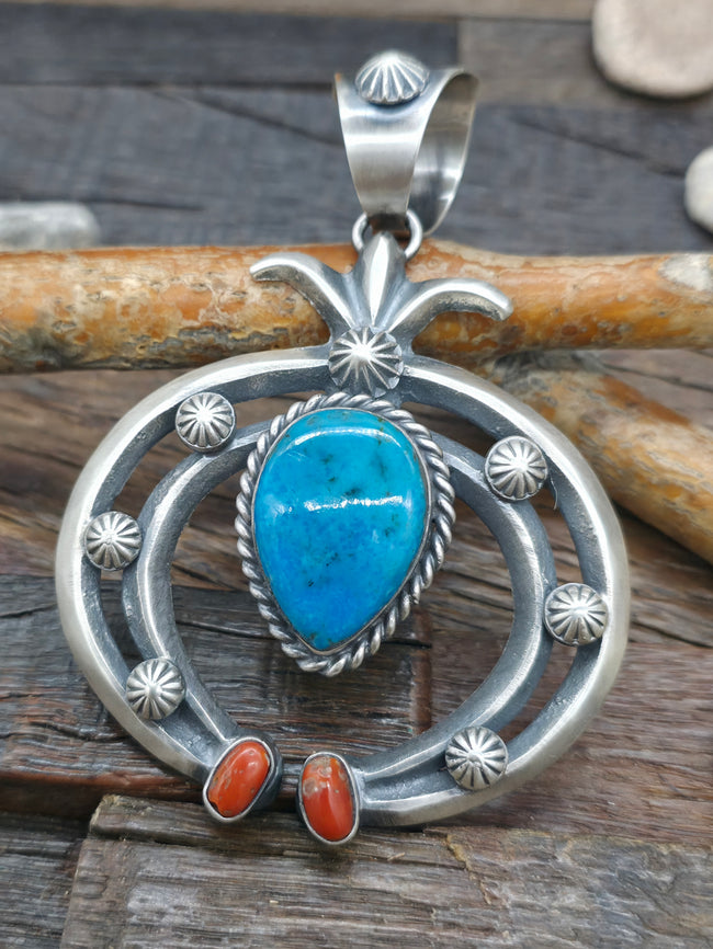 Chimney Butte Heavyweight Cast Sterling Silver Turquoise and Coral Naja Pendant - 3 3/4 in. by 2 3/4 in.