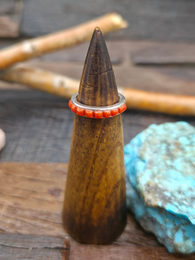 Sterling Silver Coral Cobblestone Inlay Ring by Albert Topaha - Size 6