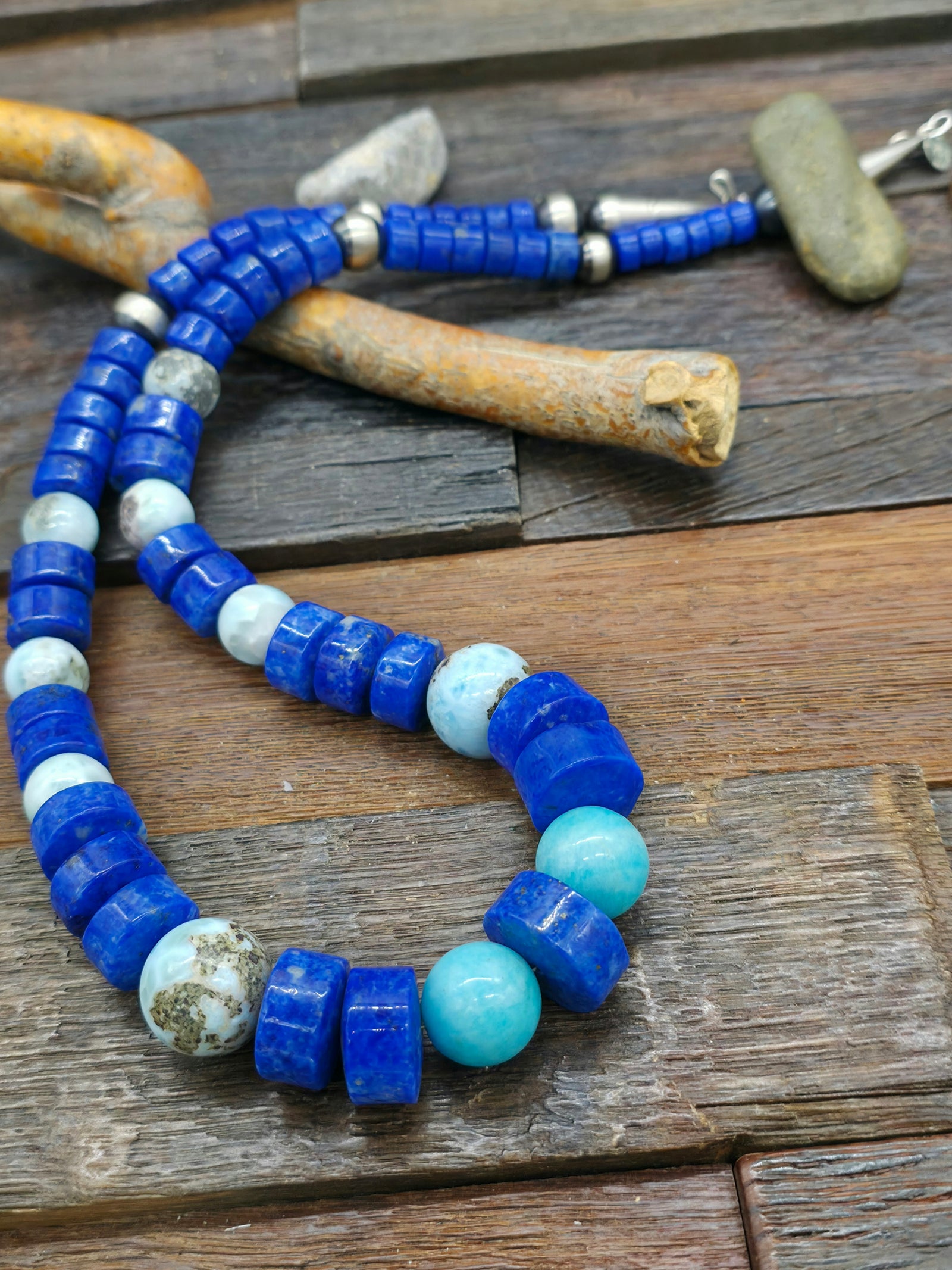 Lapis Lazuli and Larimar Sterling Silver Bead Necklace by Fred Archuleta - 24 in