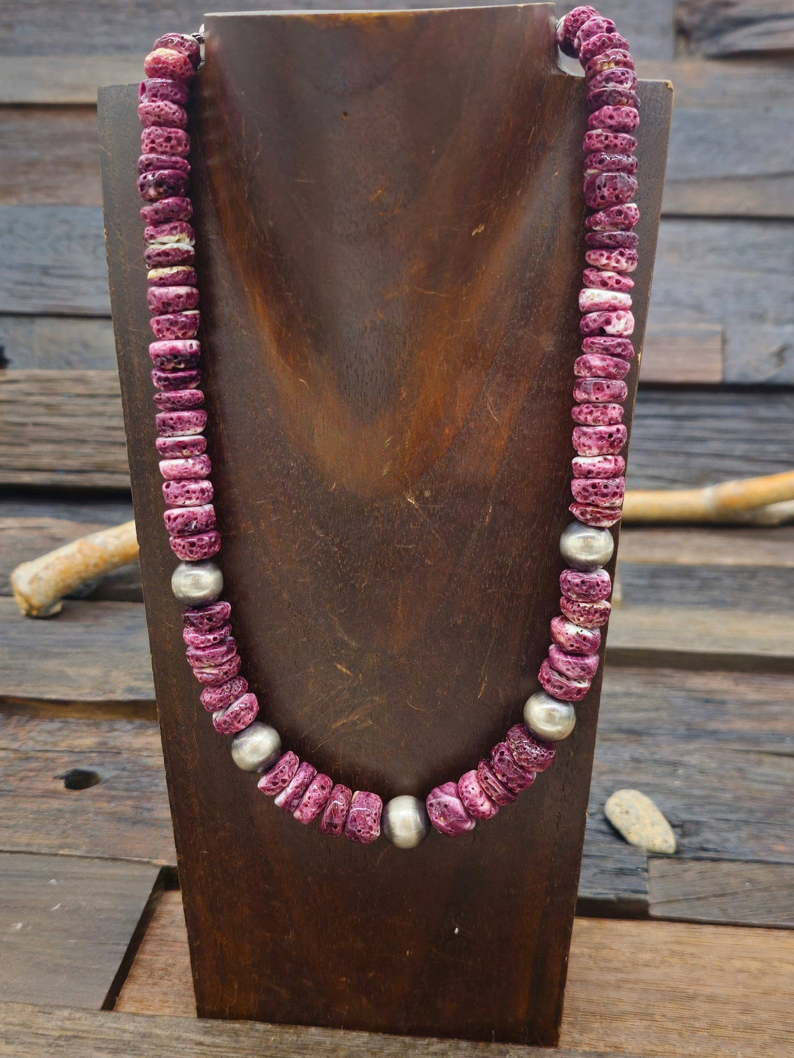 Purple Spiny Oyster and Sterling Silver Bead Necklace by Mary Salazar - 21 in.