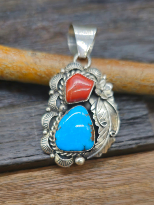 Turquoise and Coral Pendant with Sterling Silver Leaf and Flower by Beeda Lee