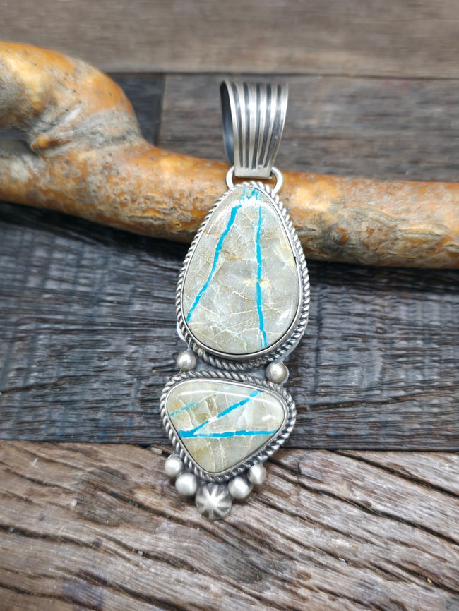 Sterling Silver Two Stone Blue Gem Ribbon Turquoise Pendant by LaRose Ganadanegro - 3 in. by 1 in.