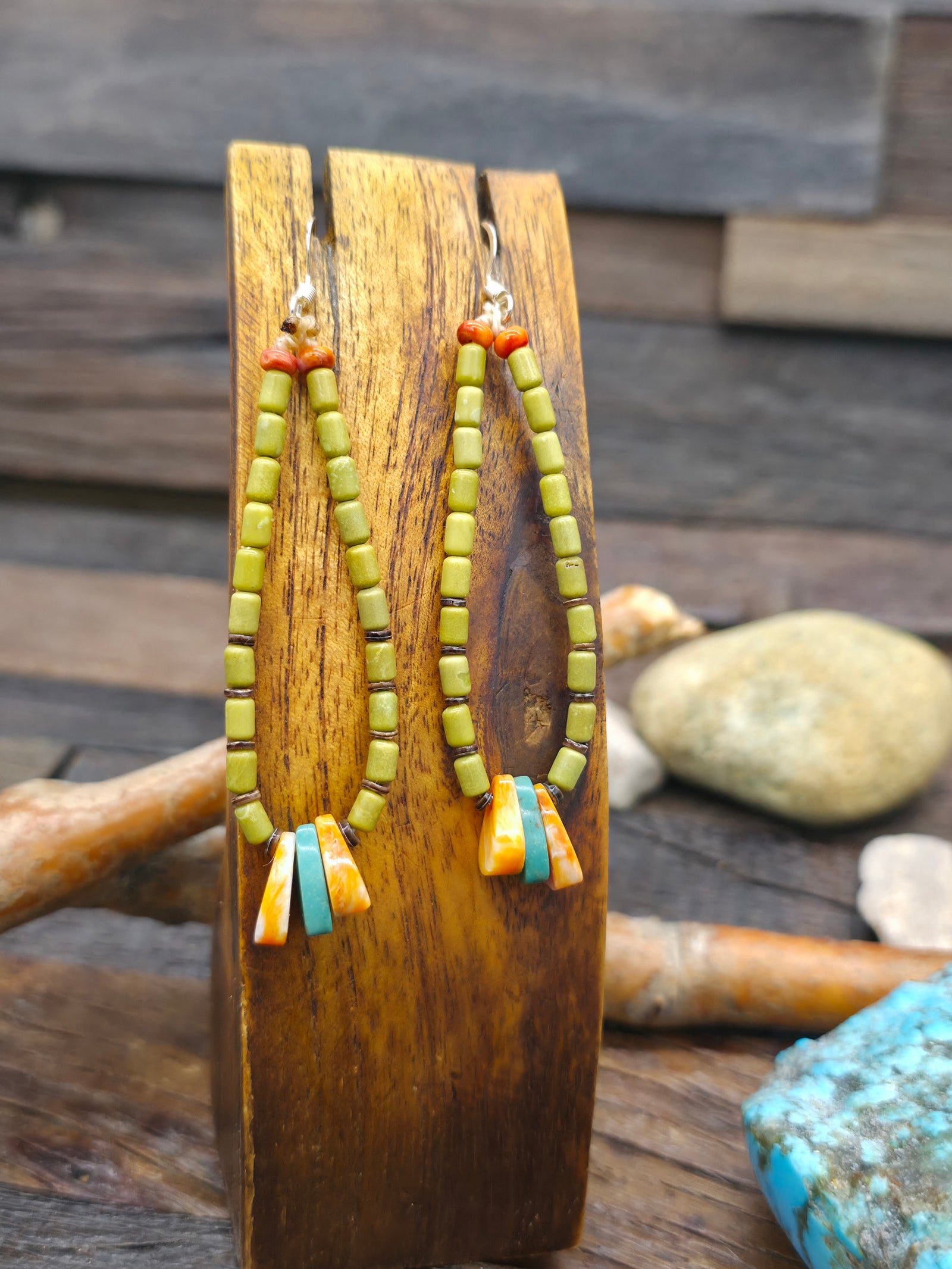 Serpentine, Turquoise, and Spiny Oyster Jacla Earrings by Robert Coriz - 3 1/2 in. by 5/8 in.
