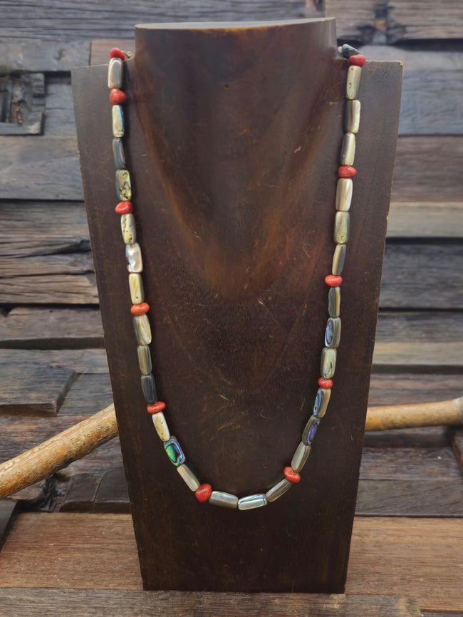 Abalone and Apple Coral Necklace by Angie Crespin - 22 in.