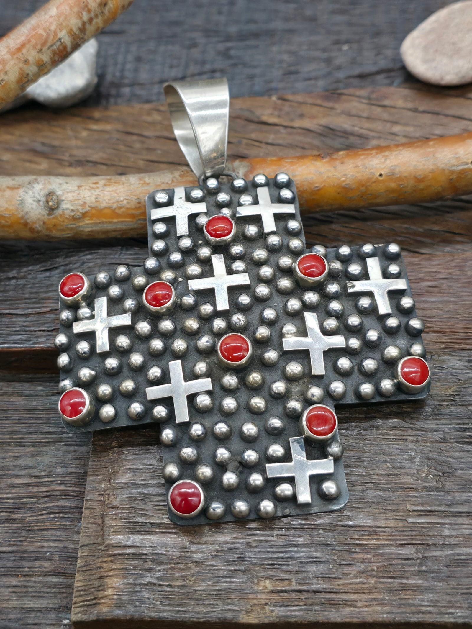 Large Santa Fe Cross Sterling Silver Raindrop and Coral Pendant by Geneva Apachito - 4 in. by 3 in.