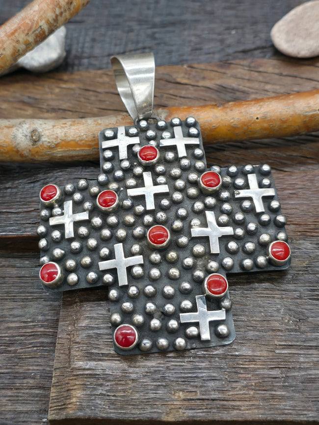 Large Santa Fe Cross Sterling Silver Raindrop and Coral Pendant by Geneva Apachito - 4 in. by 3 in.