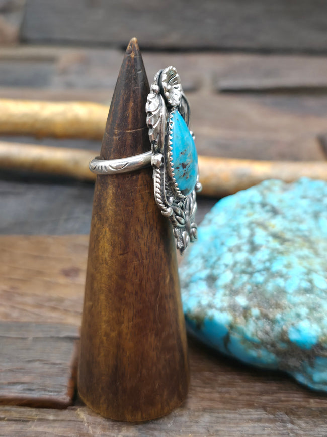 Sterling Silver Flower and Butterfly Applique and Turquoise Ring by B. Jimenez - Adjustable