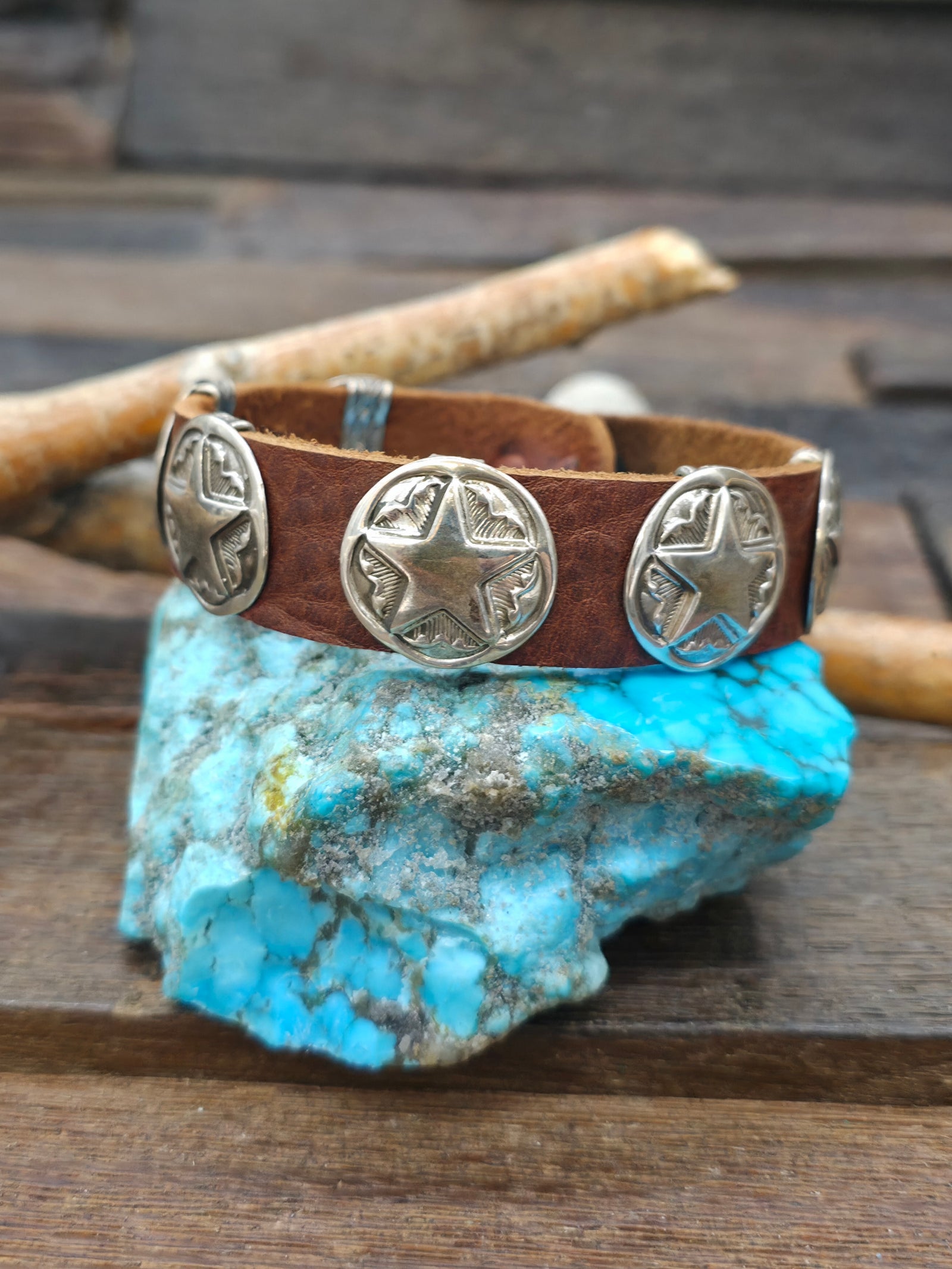 Sterling Silver Star Brown Leather Bracelet - 8 1/2 in.