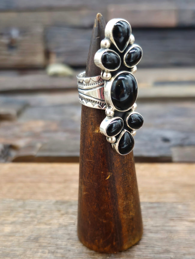 Sterling Silver Black Onyx Cluster Ring - Size 6.5