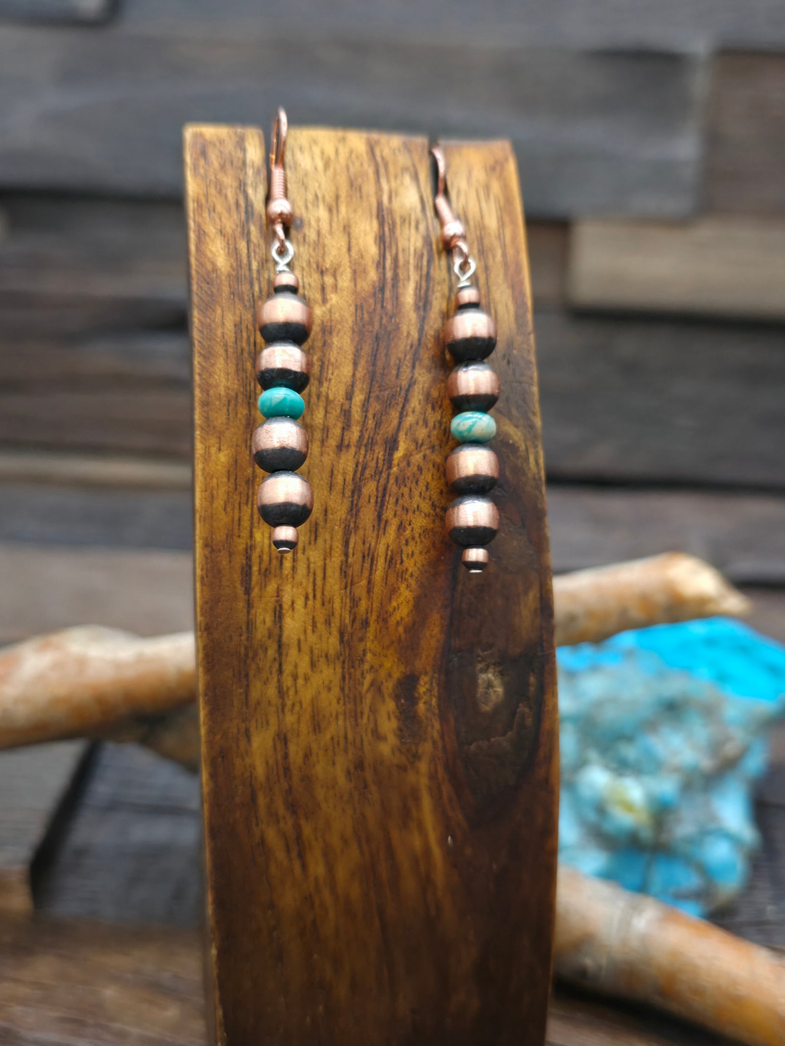 Oxidized Copper and Turquoise Bead Dangle Earrings