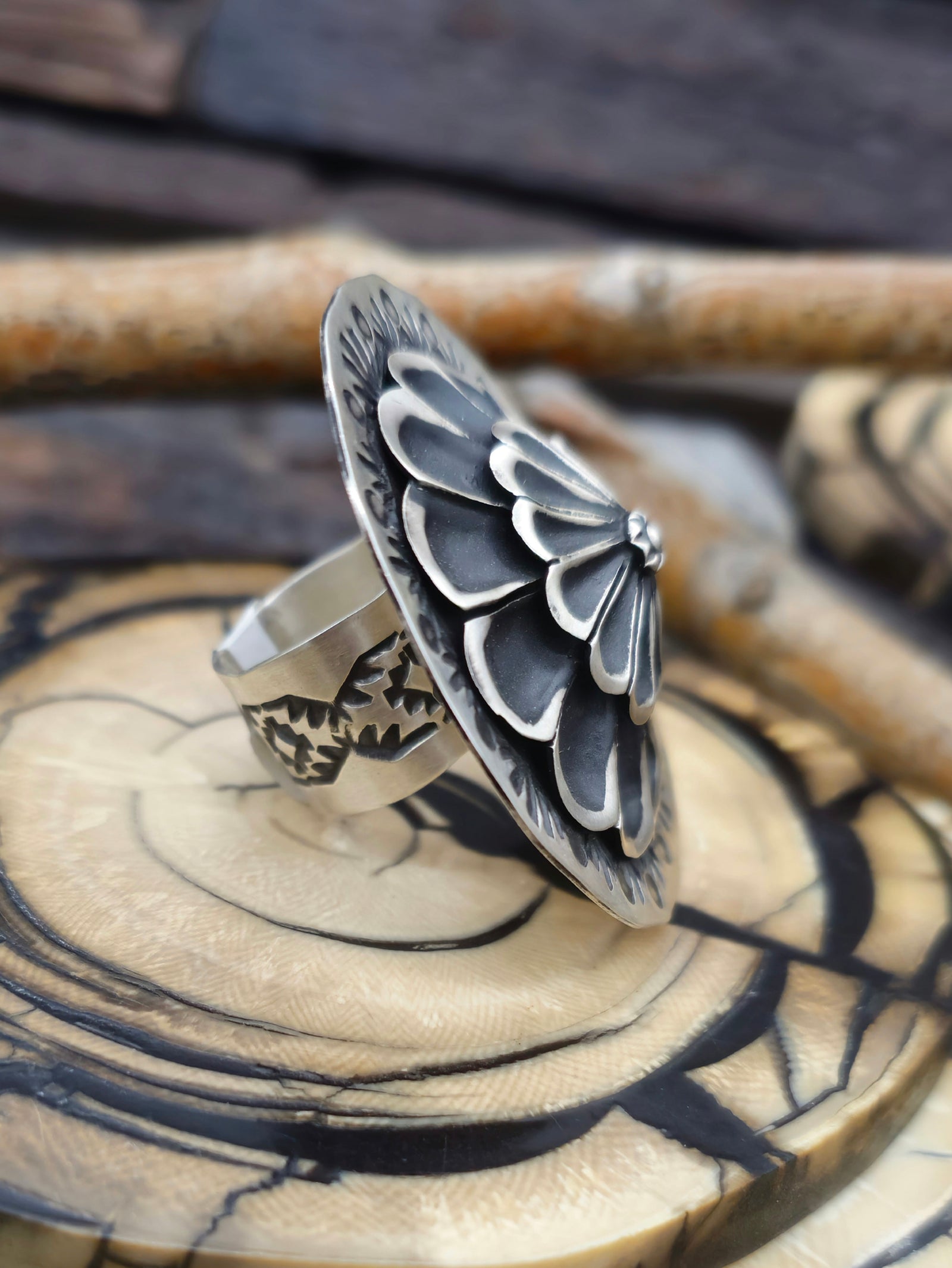 Adjustable Stamped Sterling Silver Ring by Leander Tahe