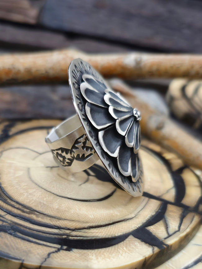 Adjustable Stamped Sterling Silver Ring by Leander Tahe