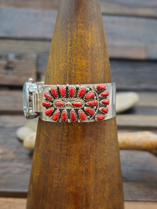 Vintage/Estate Sterling Silver and Coral Cluster Watch Cuff - 7 in.