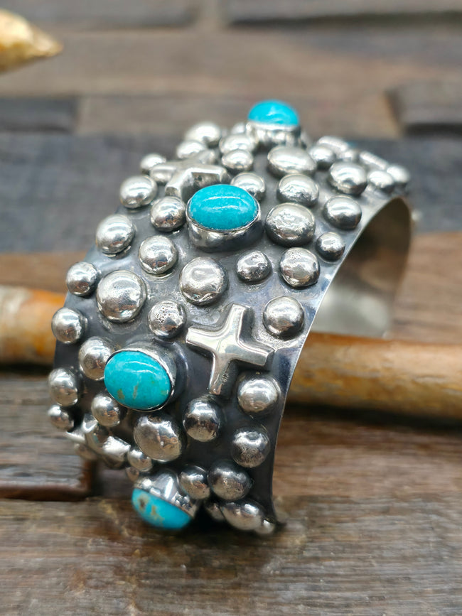 Chimney Butte Turquoise Sterling Silver Raindrop and Santa Fe Cross Cuff - 7 3/4 in.