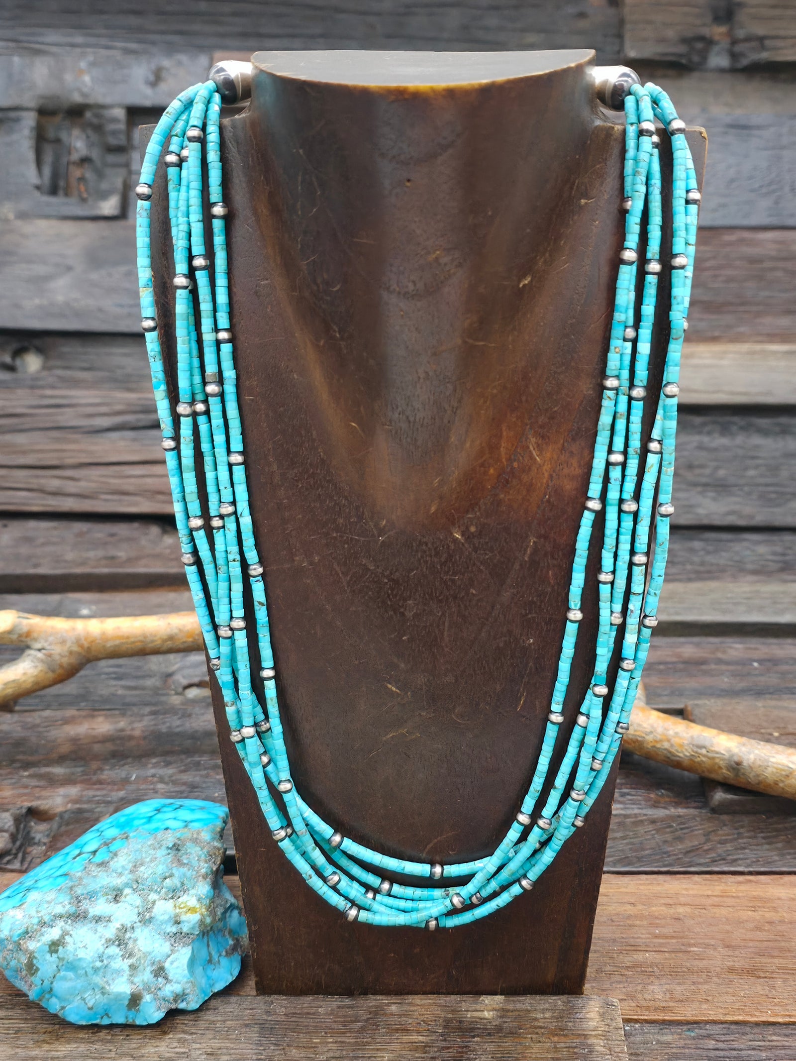 5 Strand Turquoise Oxidized Sterling Silver Necklace 20in w/ 6in Extender by Fred Archuleta