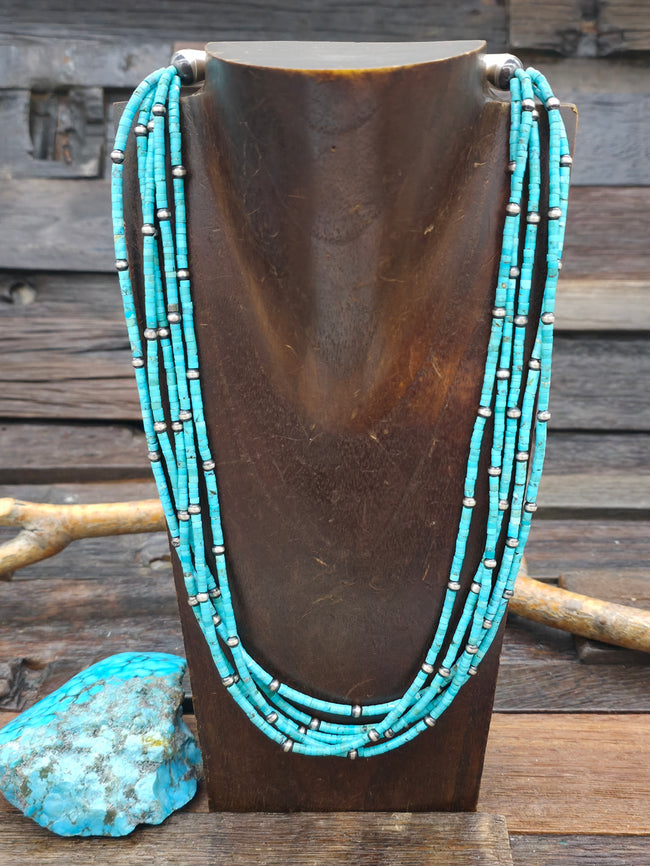 5 Strand Turquoise Oxidized Sterling Silver Necklace 20in w/ 6in Extender by Fred Archuleta