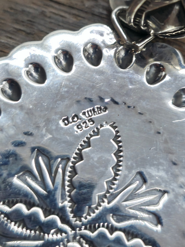 Repousse Stamped Sterling Silver Kingman Turquoise Pendant by T.O. White - 4 in. by 2 1/4 in.