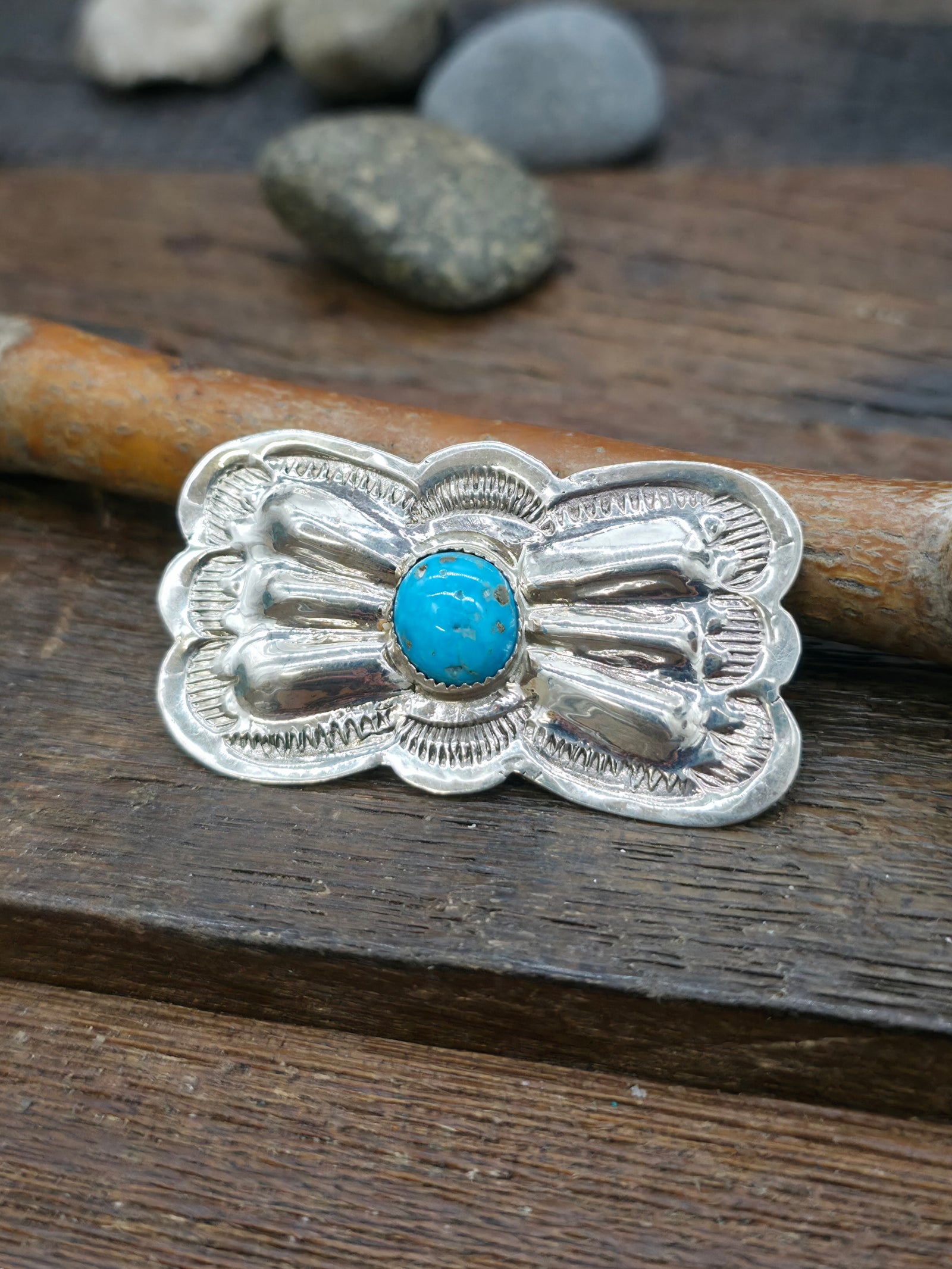 Repousse Stamped Sterling Silver Turquoise Bow Pin - 2 in. by 1 1/4 in.