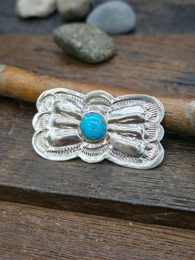 Repousse Stamped Sterling Silver Turquoise Bow Pin - 2 in. by 1 1/4 in.