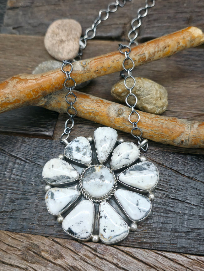 Sterling Silver White Buffalo Cluster Necklace by P. Johnson - 20 in.