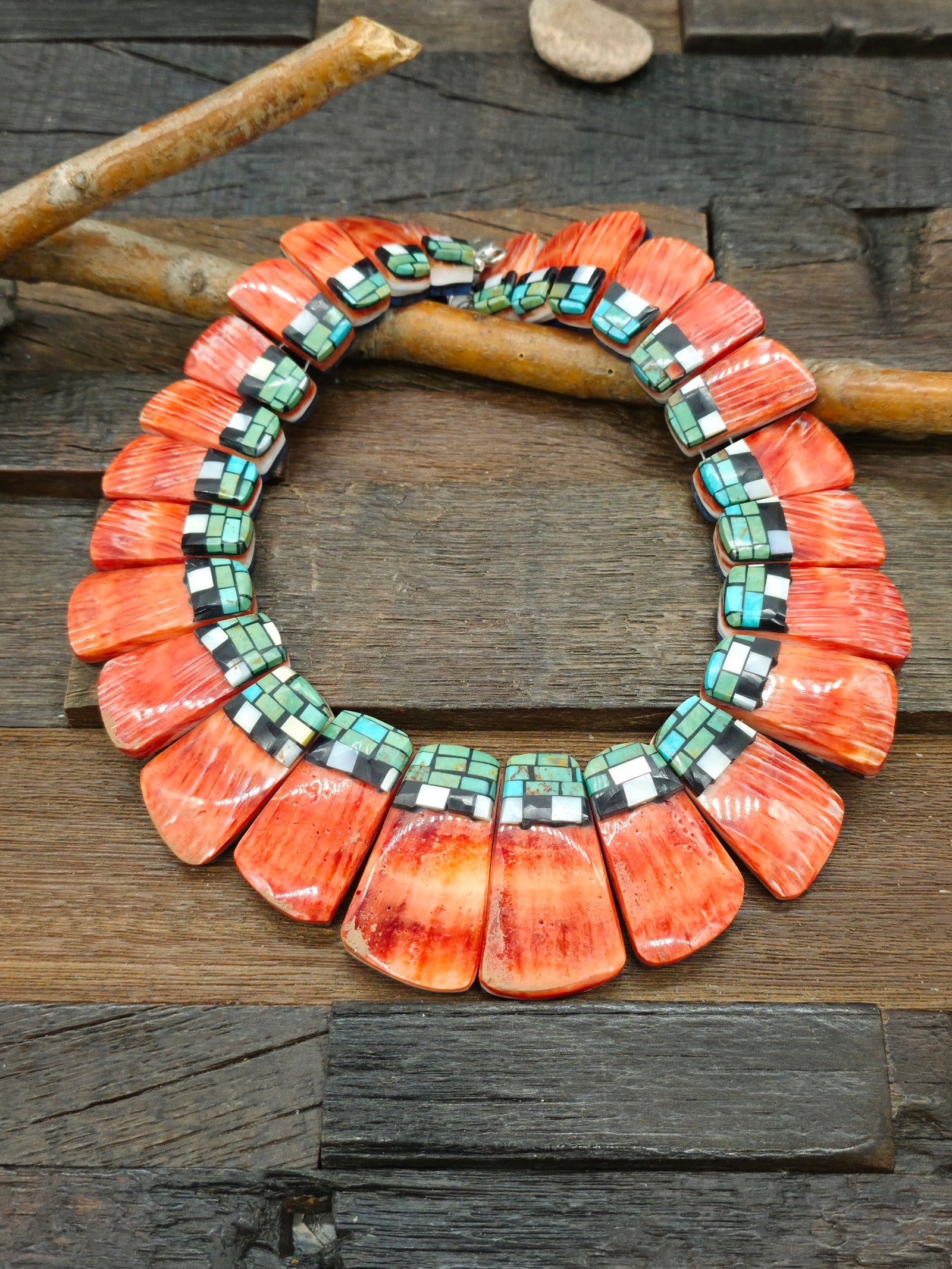 Reversible Turquoise, Spiny Oyster, Mother of Pearl, and Lapis Cleopatra Necklace by Charlene Reano - 15 in.