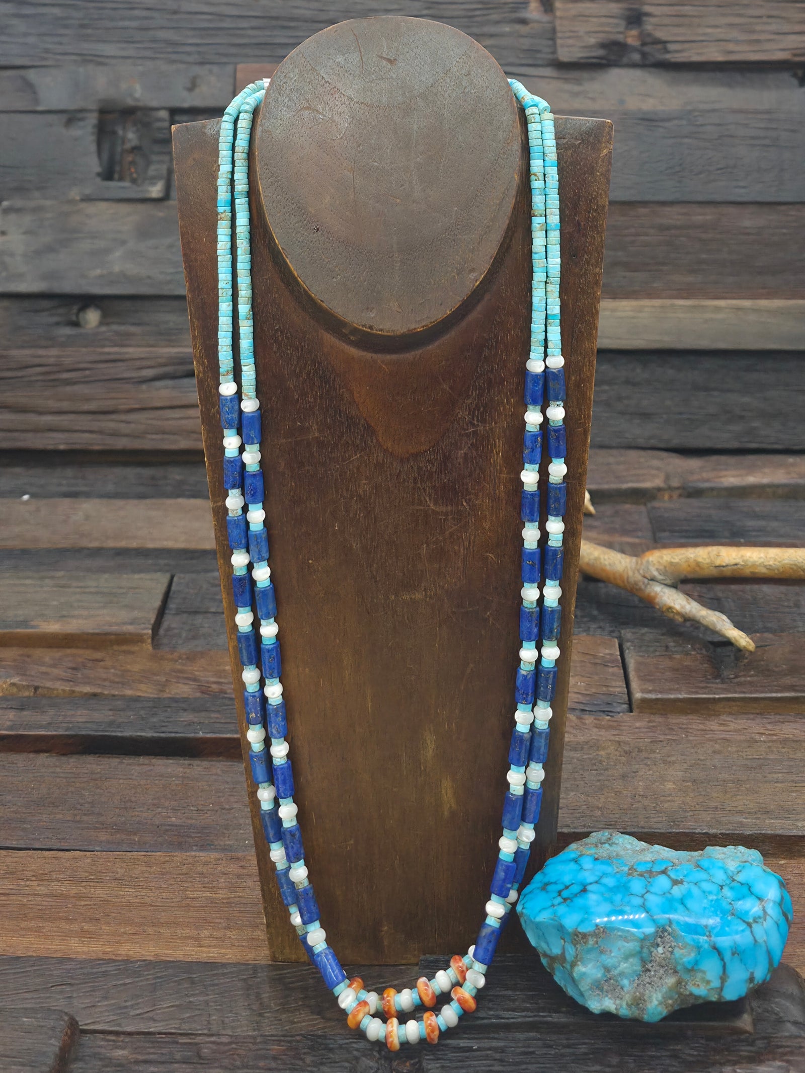 Two Strand Lapis, Turquoise, and Spiny Necklace by Robert Coriz - 27 in.