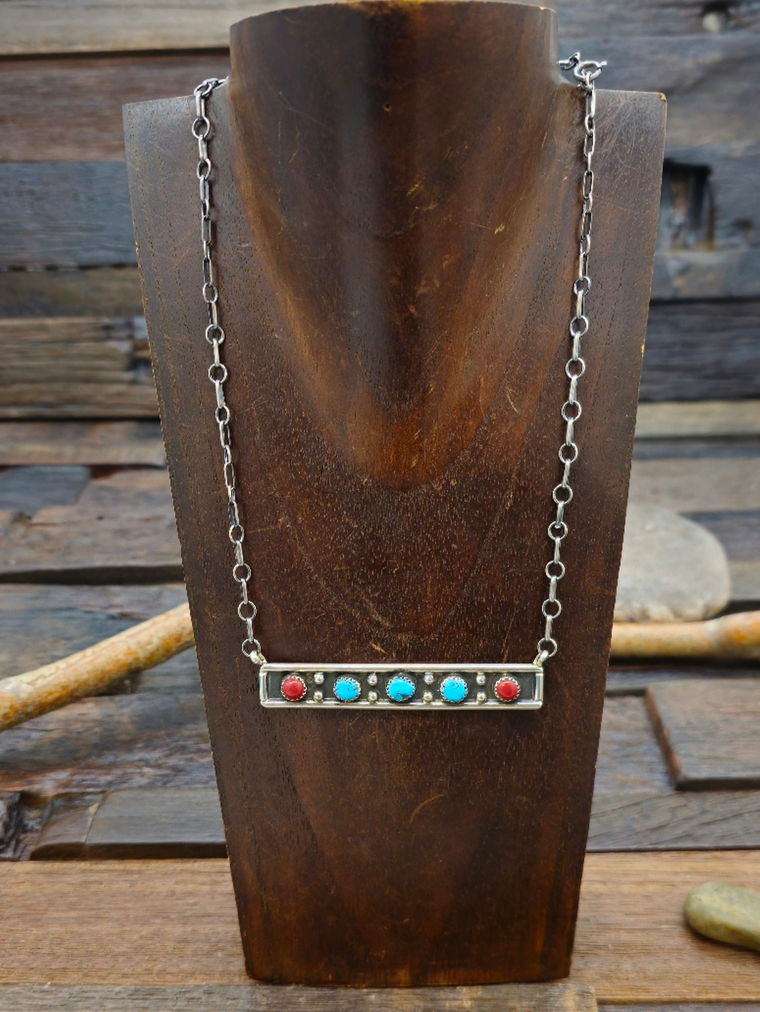 Turquoise and Coral Sterling Silver Bar Necklace by Paul Largo 22 in.
