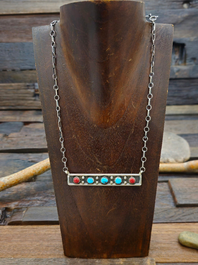 Turquoise and Coral Sterling Silver Bar Necklace by Paul Largo 22 in.