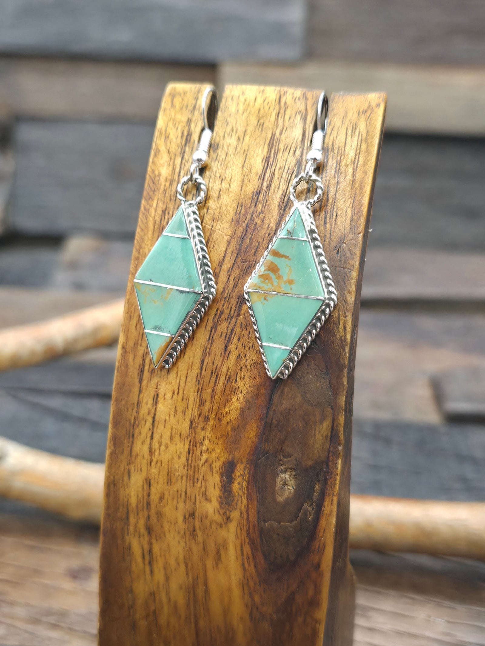 Sterling Silver Green Turquoise Inlay Earrings by Andrew Enrico - 2 in. by 3/4 in.