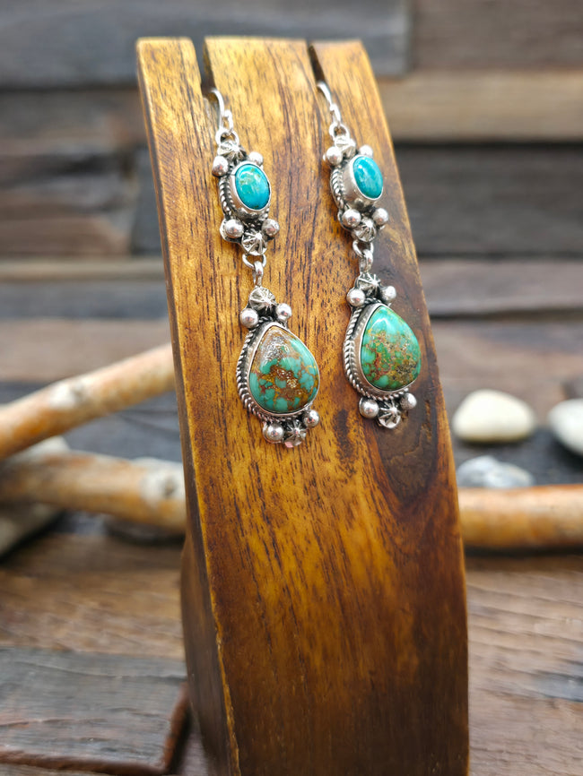 Two Stone Sterling Silver Blue Gem and Sonoran Turquoise Earrings by Rosella Paxton