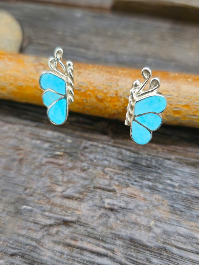 Sterling Silver and Turquoise Butterfly Post Earrings by Vincent Hooee
