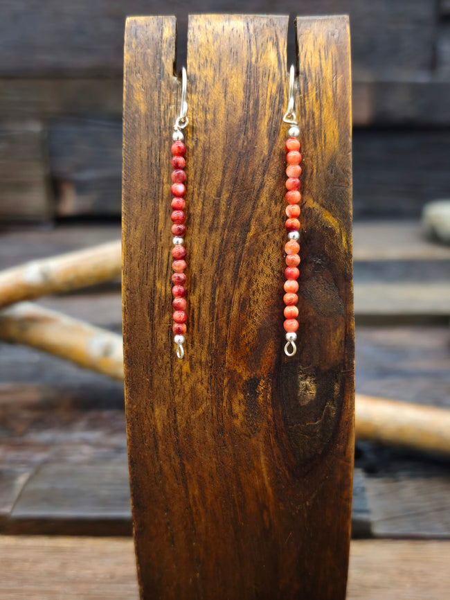 Orange Spiny Oyster Stone and Sterling Silver Bead Earrings