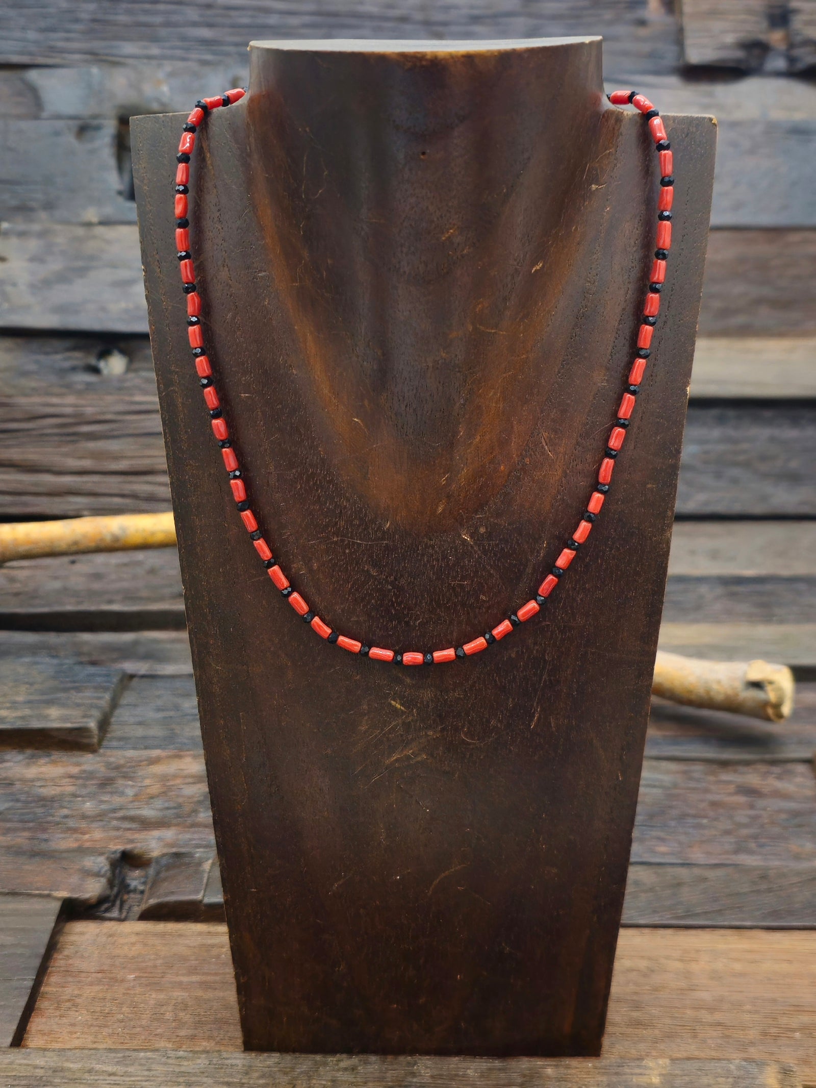 Coral and Faceted Jet Bead Necklace by Melvin Masquat - 16 in. plus 3 in. Extender
