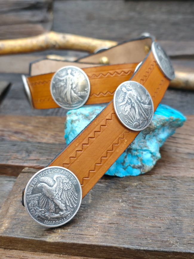 Brown Leather Hat Band with Liberty Half Dollars - 27 in.