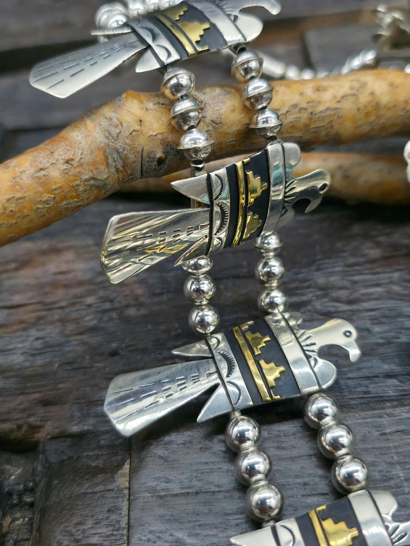 Sterling Silver and Brass Overlay Thunderbird Squash Blossom Necklace and Earring Set by Rose Singer - 28 in.