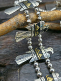 Sterling Silver and Brass Overlay Thunderbird Squash Blossom Necklace and Earring Set by Rose Singer - 28 in.