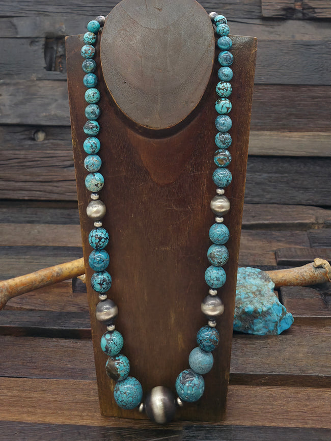 Graduated Spheres Sky Horse Turquoise and Sterling Silver Bead Necklace - 26 in.