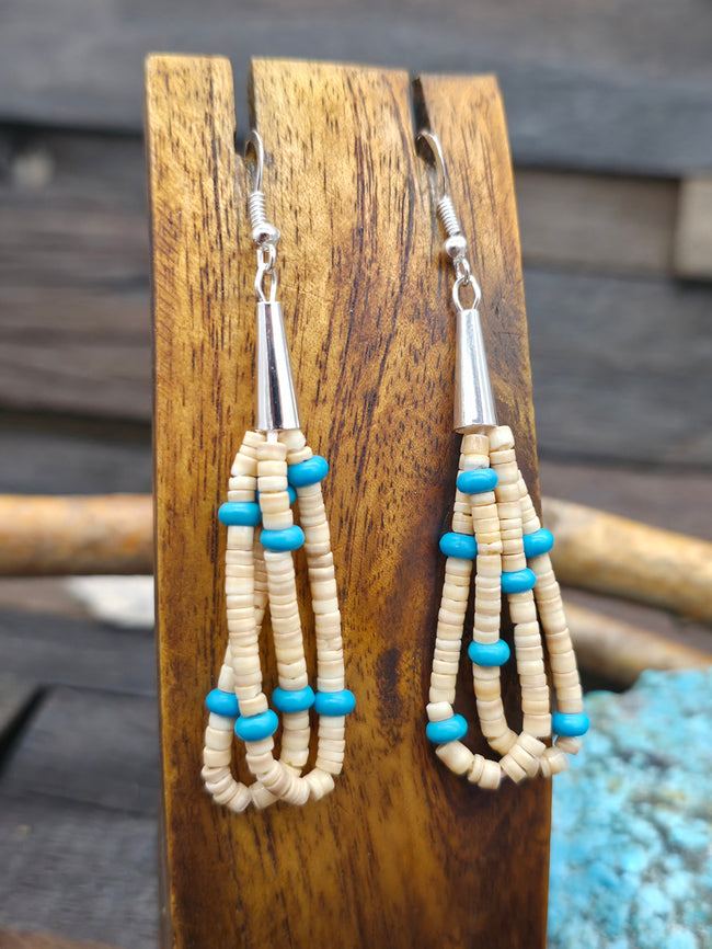 Melon Shell Heishi and Turquoise Bead Earrings by Ramona Bird - 3 in. by 3/4 in.