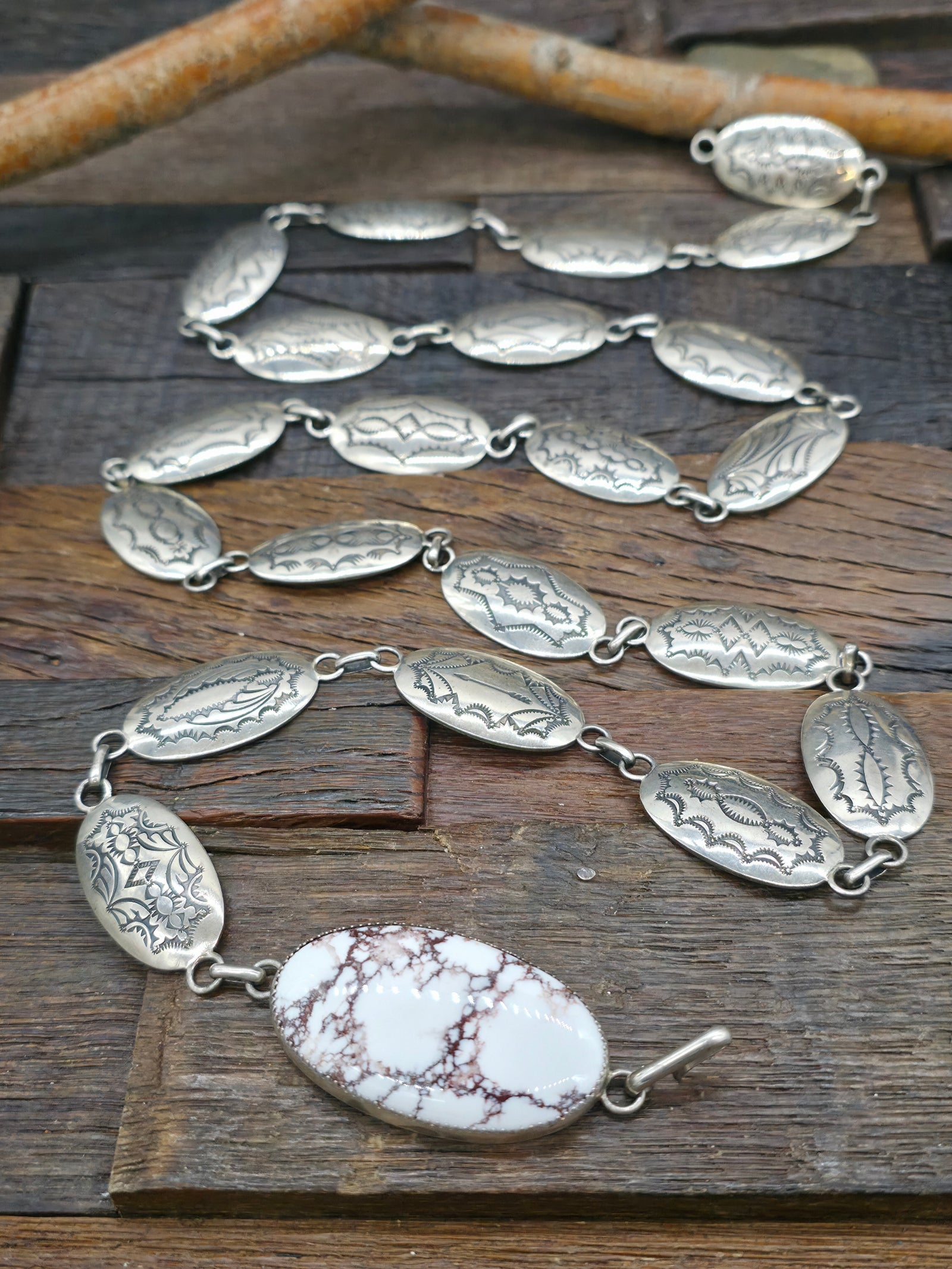 Stamped Sterling Silver Link Belt with Wild Horse Buckle by Thomas Nez - 42 in.