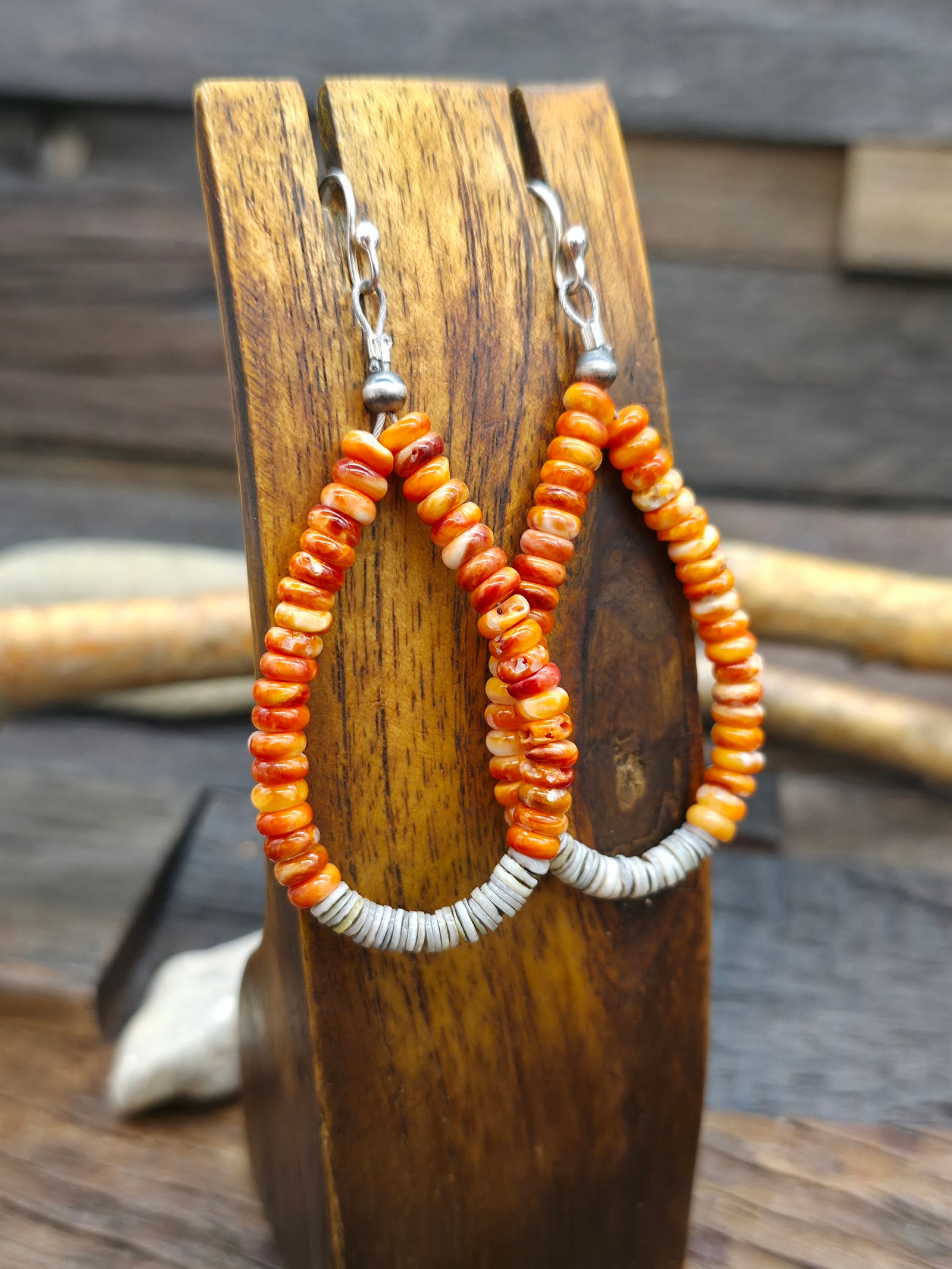 Orange Spiny Oyster and Melon Shell Heishi Jacla Earrings by Mary Vandever - 3 in. by 1 in.