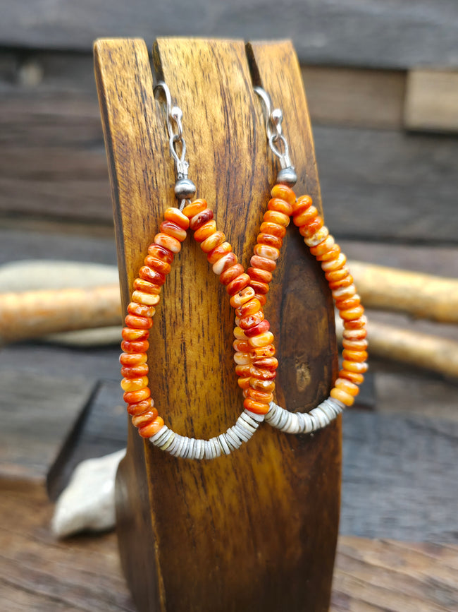 Orange Spiny Oyster and Melon Shell Heishi Jacla Earrings by Mary Vandever - 3 in. by 1 in.