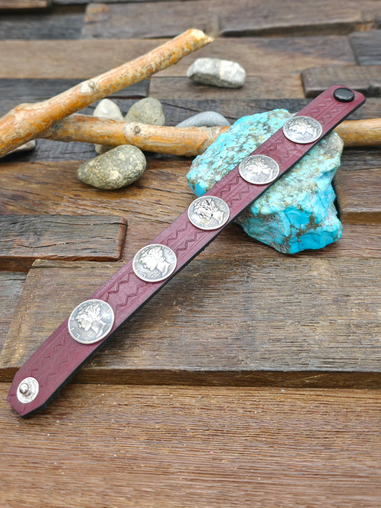 Mercury Dime Red Leather Snap Bracelet - 8 in.