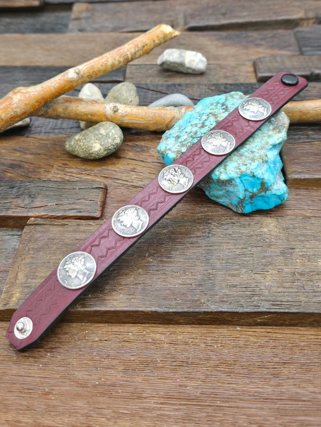 Mercury Dime Red Leather Snap Bracelet - 8 in.