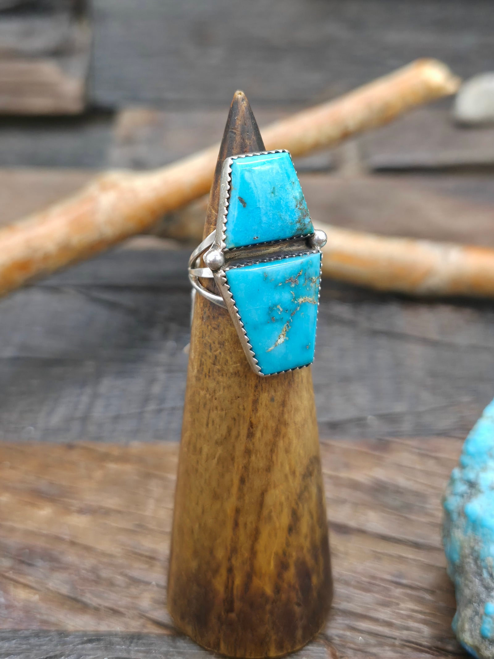Two Stone Sterling Silver Turquoise Ring by Rosella Paxson - Size 7