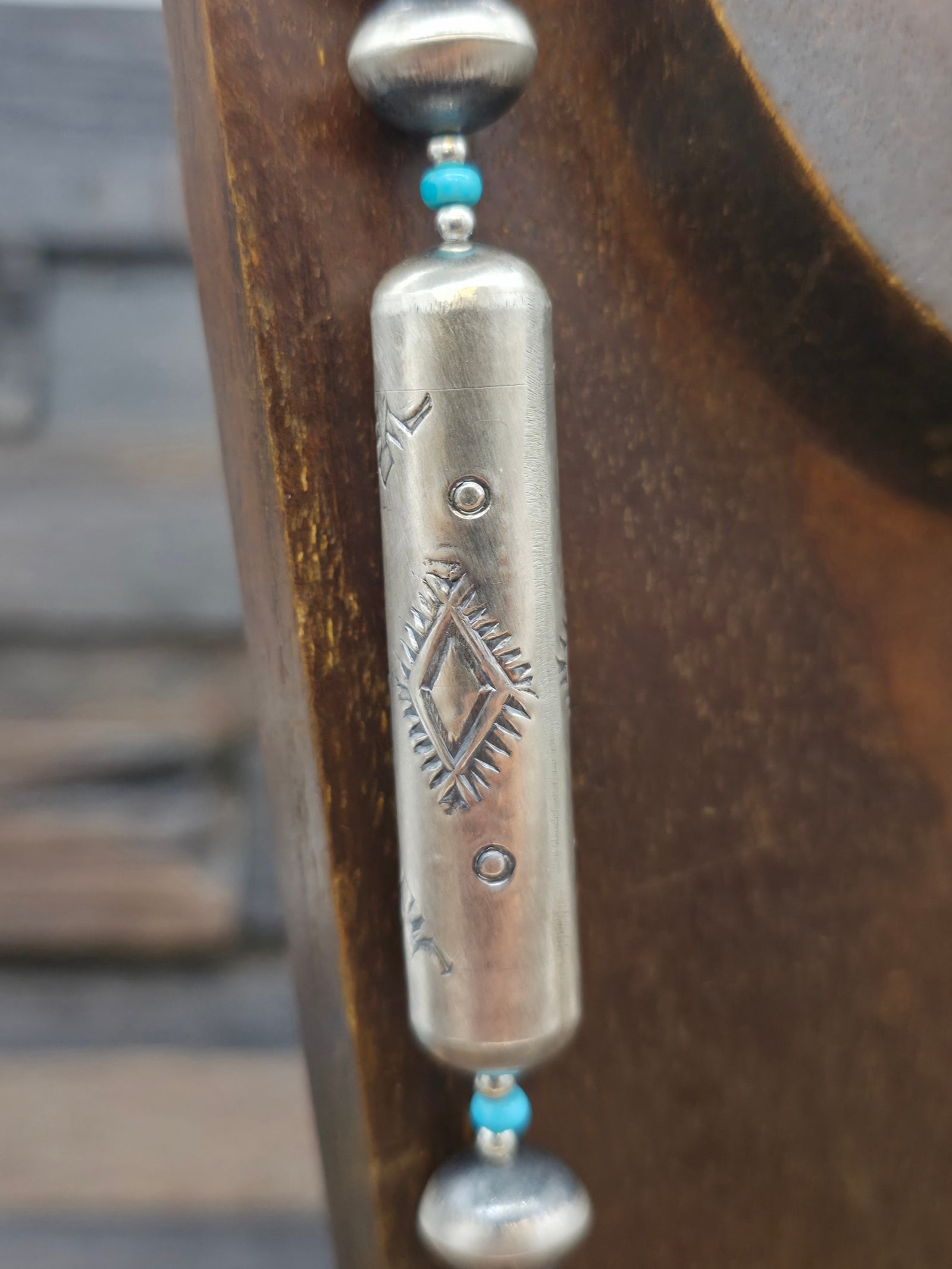 Stamped Sterling Silver and Blue Turquoise Bead Necklace and Earring Set by Sharon Cooley - 32 in. with 4 in. Drop